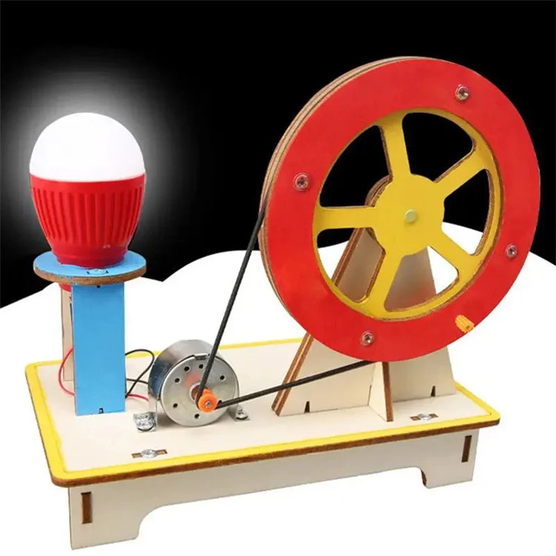 Colorful physics experiment setup with a wheel and light bulb
